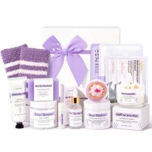 Spa Gifts for Women 9Pcs Mothers Day Gifts Happy Birthday Gift Baskets Christmas Relaxation Home Spa Kit Lavender Bath Set Self Care Package Thank You Box for Mom Her Sister Teacher Friends Purple