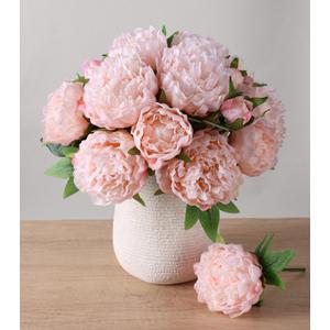 Florisso Light Pink Peony Artificial Flowers - 11 Branches Silk Peonies for Vase Arrangements, Wedding Decor & Living Room Accents (Faux Flowers)