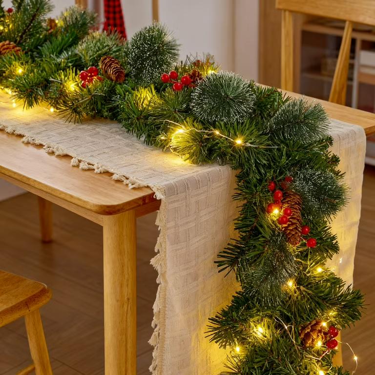 9FT PreLit Artificial Christmas Garland with Dual Color LED Lights and Timer by Remote Control and Batteries Operated, Holiday Decorations, for Indoor Door Home Stairs Fireplaces Wall