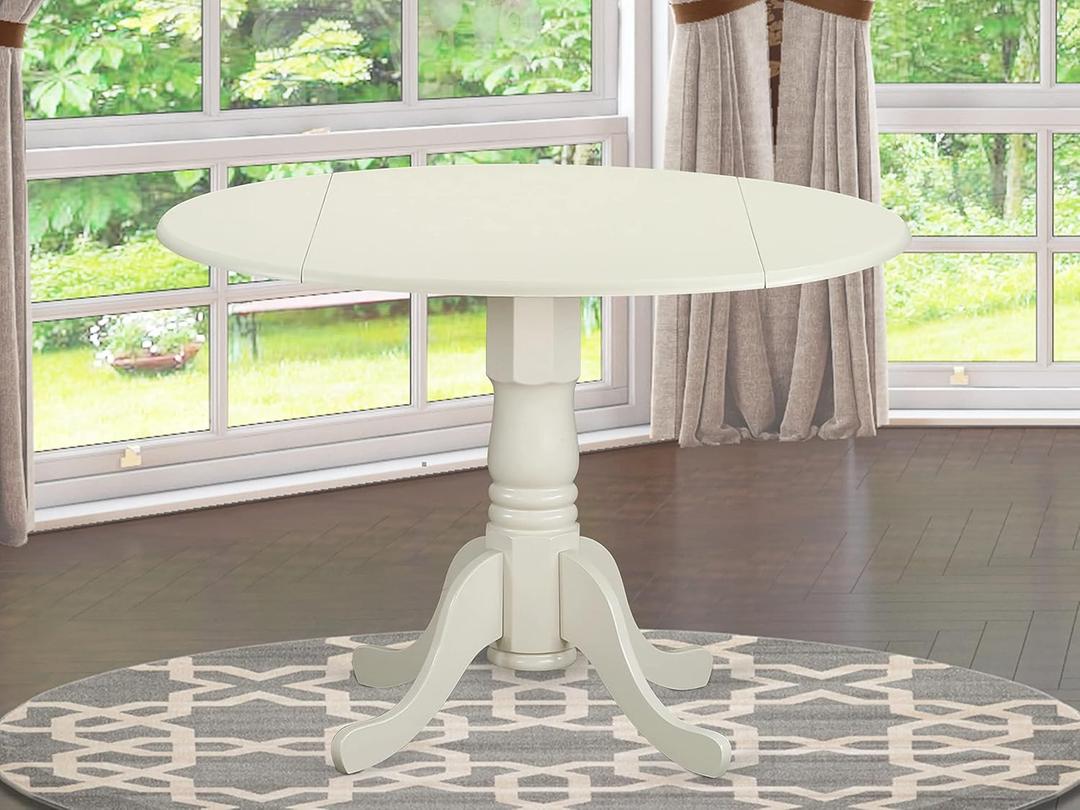 East West Furniture DLT-WHI-T Dining Room Table - a Round Top with 2 Drops Leaf and Pedestal Leg, 42x29.5 Inch, Linen White Finish (1dlt-whi-tp)
