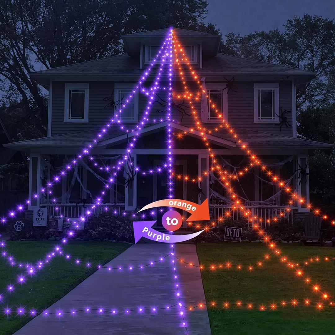 Halloween LED Spider Web Lights for Halloween Decorations Outdoor - 455 LEDs, 11 Lighting Modes & Timer, 16.4 Ft Light Up Giant Spider Webs