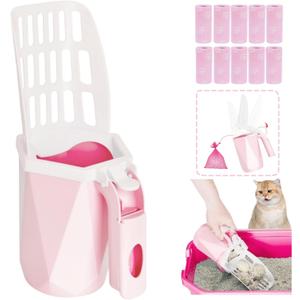Cat Litter Scoop, Cat Litter Scooper with Holder and 150 Cat Poop Bags for Litter Box: Removable Litter Sifter Shovel and Large Capacity Trash Can, Portable Kitty Poop Scooper Built in Bags (Pink)