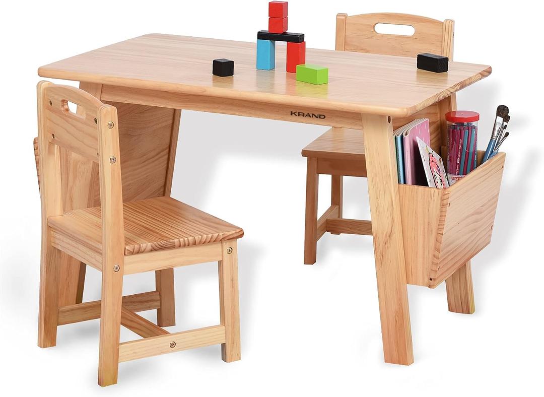 Kids Solid Wood Table and 2 Chair Set with Storage Desk and Chair Set for Children Toddler Activity Table (Solid Wood/Natural), 31"W x 19.6"D x 20.4"H