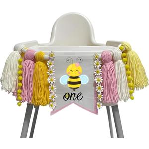 Pink Bee ONE High Chair Banner Happy 1st Birthday Tassels Banner for Girl First Bee Day Fairy 1st Birthday Party Decorations