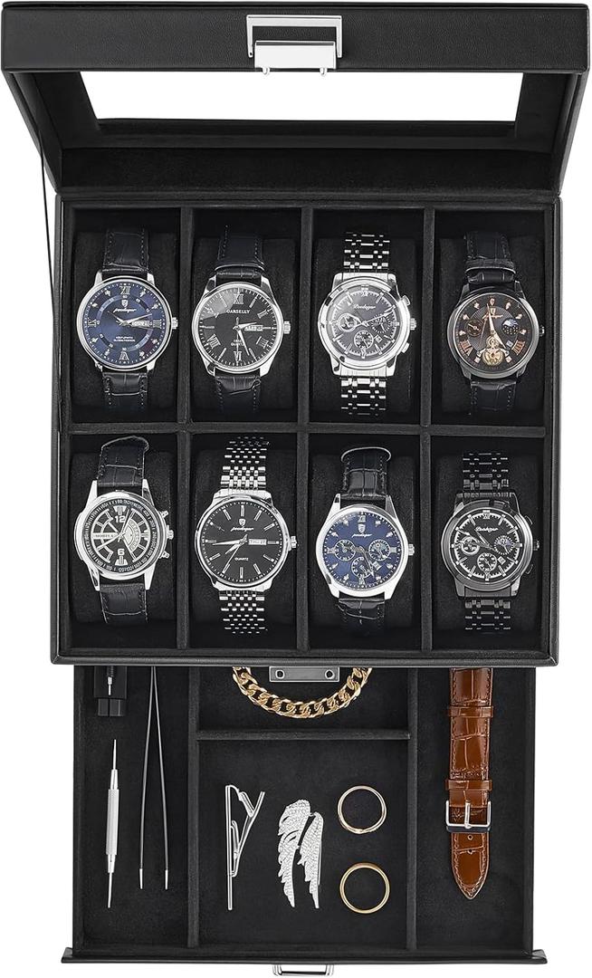 ProCase Watch Case, 8 Slot Mens Watch Box Holder Organizer with Glass Lid, 2-Layer Watches Display Case, Mens Jewelry Box with Drawer, Birthday Valentine Gifts for Men Women -8 Slot, Black