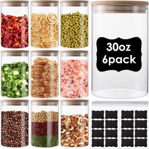 6 Pack Glass Storage Jars with Airtight Bamboo Lid, 30 OZ Glass Kitchen Canisters, Clear Container for Coffee Bean Storage, Dry Goods, Cookie, Candy, Tea, Spices and More