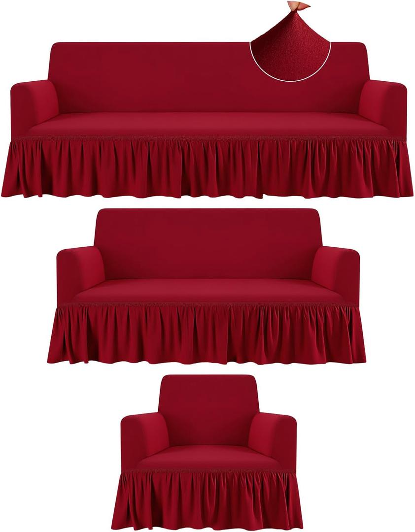 Fanfanwin 3 Pcs Sofa Slipcover Set for Couch Cushion Durable Washable High Elastic Stretchable Furniture Couch Covers with Skirt for Sofa Loveseat Arm Chair (Burgundy,Milk Silk)