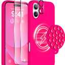 Magnetic for iPhone 16 Case, Compatible with Magsafe, Suction Cup Phone Mount, [2 Screen Protectors][Camera Lens Protector] Silicone Shockproof Protective Slim Phone Cover 6.1", Neon Pink
