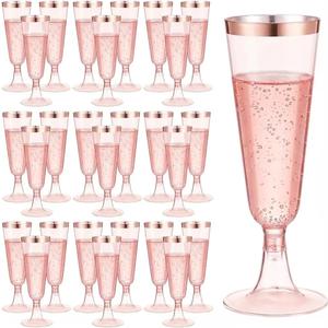 25 Pack Plastic Champagne Flutes 5.5oz Pink Rose Gold Rim Disposable Suitable for Wedding, Birthday Party, Thanksgiving Day, Christmas Supplies