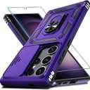 Janmitta Compatible with Samsung Galaxy S25 Ultra Case Built in Slide Camera Lens Cover+Screen Protector+Finger Ring Holder Kickstand,Heavy Duty Shockproof Full Body Phone Cover,2025 Purple