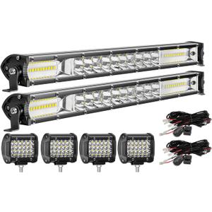 Light Bars for Trucks - 13In Slim LED Bar with 4In Pod Lights andi Wiring Harness,12V 24V Spot Flood Combo Driving Off Road Work Lights for ATV UTV Tractor Trailer Pickup