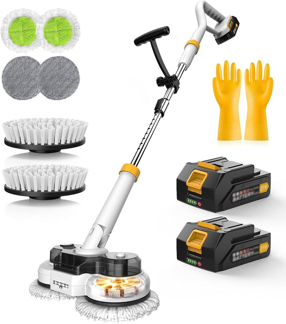 qimedo 800RPM Cordless Electric Mop, 6000mAh Battery Electric Power Scrubber & Mops for Floor Cleaning, Best Automatic Spin Mops with Smart Display,Rotating Mop with LED Light & Water Spray (Mop with 50-inch Handle)