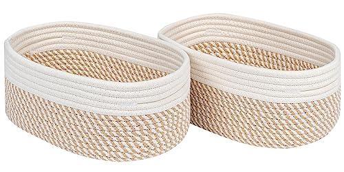 CubesLand Small Storage Baskets for Shelves, Closet Organization Bins Empty Gift Basket 2 Packs Baby Nursery Woven Organizing, Rectangular Clothes Shelves Off White/ Mixed Camel