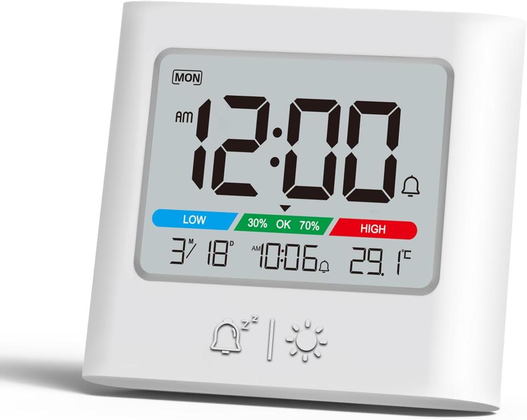 ALANAS Small Battery Operated Alarm Clock, Date Temperature Humidity Display, Compact Travel Digital Clocks, Snooze, Backlight, Wall Mountable, for Student Dorm, Small Spaces, Desk, Shelf (White)