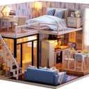 MAGQOO 3D Wooden Dollhouse Miniature DIY House Kit with Furniture,1:24 DIY Dollhouse Kit Dust Proof Included (Blue Times)