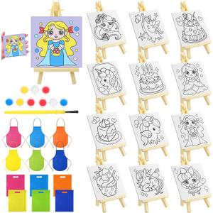 Tenceur 48 Pcs Kids Paint Party Favors Sets with 12 Pcs Unicorn Girl Cake Pre Drawn Canvas Panel and Wooden Easel Set Paint Pots and Brushes 12 Mini Apron and Tote Bag for Kids Girls Student Boys
