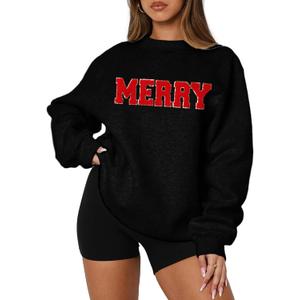 MAPICK Merry Sweatshirt for Women Christmas Fleece Linend Sequin Sweaters Crewneck Oversized Long Sleeve Pullover Tops (X-Large, Black)