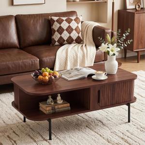 VECELO Coffee Table,40" Mid Century Coffee Tables with Open Storage Shelf,Fluted Table with Sliding Tambour Door,Farmhouse Wooden Tables Center Table for Living Room,Home Office,Walnut Brown, 39.37"L x 19.69"W x 15.75"H