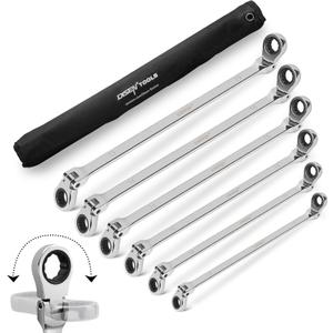 DISEN Extra Long Flex Head Ratcheting Wrench set, 6Pcs Double Box End Long Reach Ratchet Wrench Set Metric 8-19mm, CRV Steel, with Pouch, Gifts for Father, Man (Single Jointed Set (Silver))