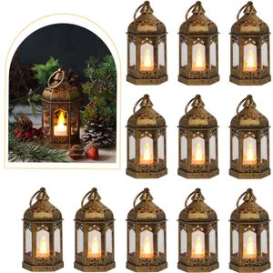 LLQ 12Pcs Mini Lantern with LED Tea Light, Garden Fairy Party Decorations, Battery Included, Vintage Lanterns Decorative, Hanging Candle Lanterns for Halloween Christmas Wedding Table Centerpiece (Bronze)