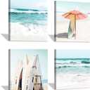Hardy Gallery Beach Canvas Wall Art Painting: Summer Surfboard and Umbrella on Beach Picture Print for Living Room (16'' x 16'' x 4 Panels)