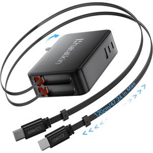 65W for MacBook Pro Charger, 5-in-1 Retractable Wall Charger Plug for iPhone 17, Dual 3.94 ft PD USB C Cable&3 Ports, Fast Charging Block for Mac Book Pro/ Air, M1 M2 M3 M4 M5, iPad Pro, Galaxy, Pixel