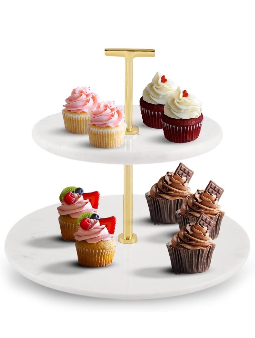 Supabon 2 Tiered White Marble Tray with Gold Metal Stand - Serving Tray for Desserts, Pastries, Cupcakes, Countertop Decor Display Stand, Detachable White Marble Plates with Gold Metal Handle