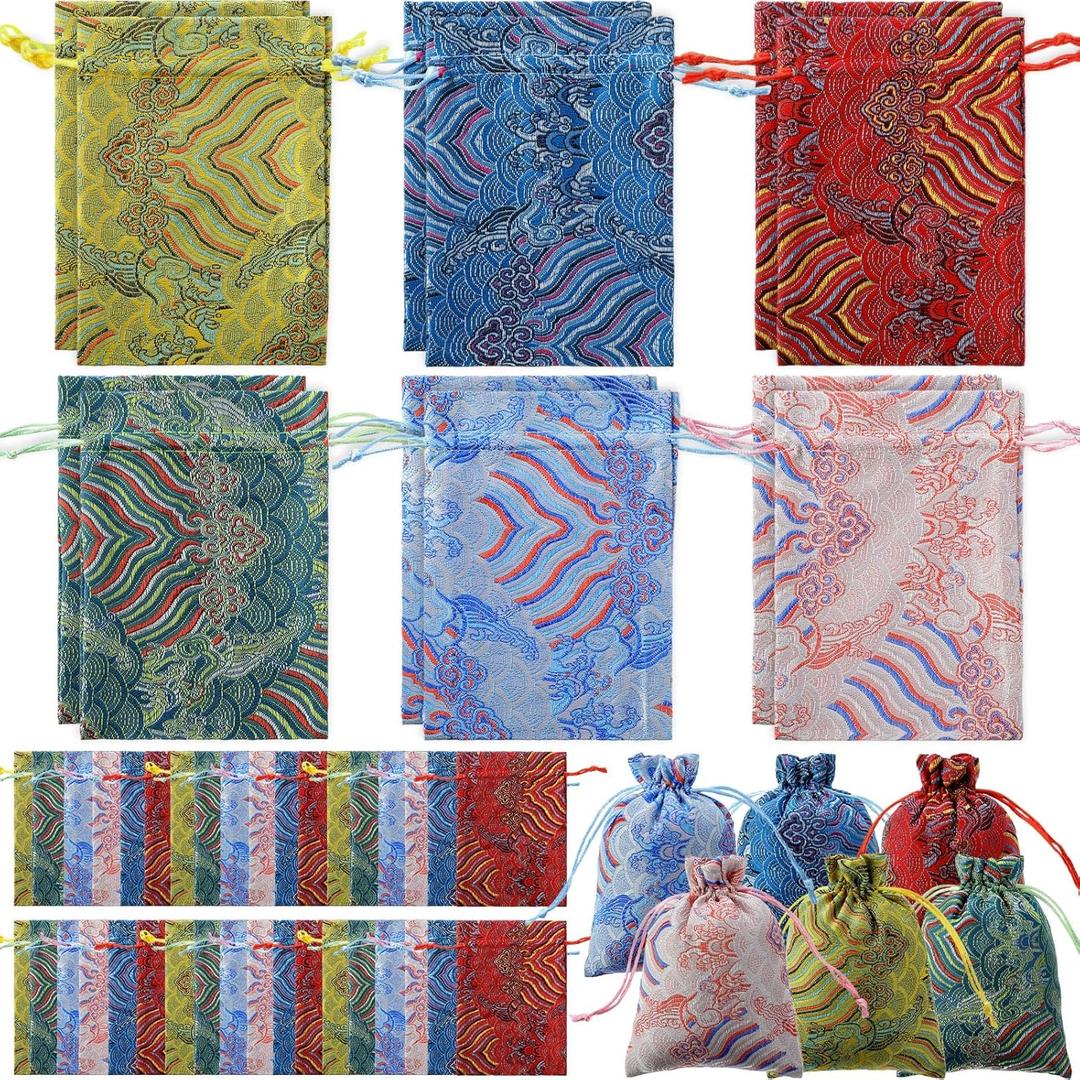 SilTriangle 48 Pcs Indian Return Gifts for Pooja Bulk, Brocade Gift Pouches Indian Gift Bags for Party Favors, Daily Gifts for Mom, Wedding, Jewelry, Candy, Coins, 6 Assorted Colors