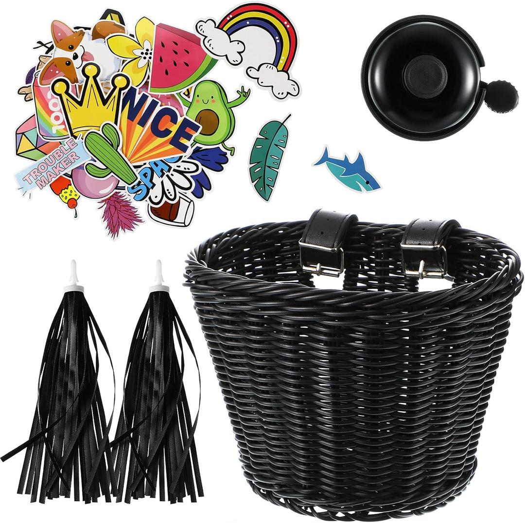 Kid's Bicycle Basket Streamers Set, Children's Bike Handlebar Wicker Basket with Colourful Bike Streamers Bell and Stickers, Bike Decoration Accessories Kit for Girls (Black) Kid's Bicycle Basket Streamers Set, Children's Bike Handlebar Wicker Basket with Colourful Bike Streamers Bell and Stickers, Bike Decoration Accessories Kit for Girls (Black)