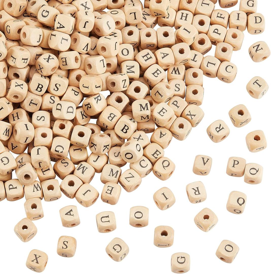 PH PandaHall 1060pcs 10mm Alphabet Wooden Beads Random Natural Square Wooden Beads 3~4mm Hole Wood Loose Bead with Initial Letter Cube Bead for Jewelry Making and DIY Projects (Blanched Almond)