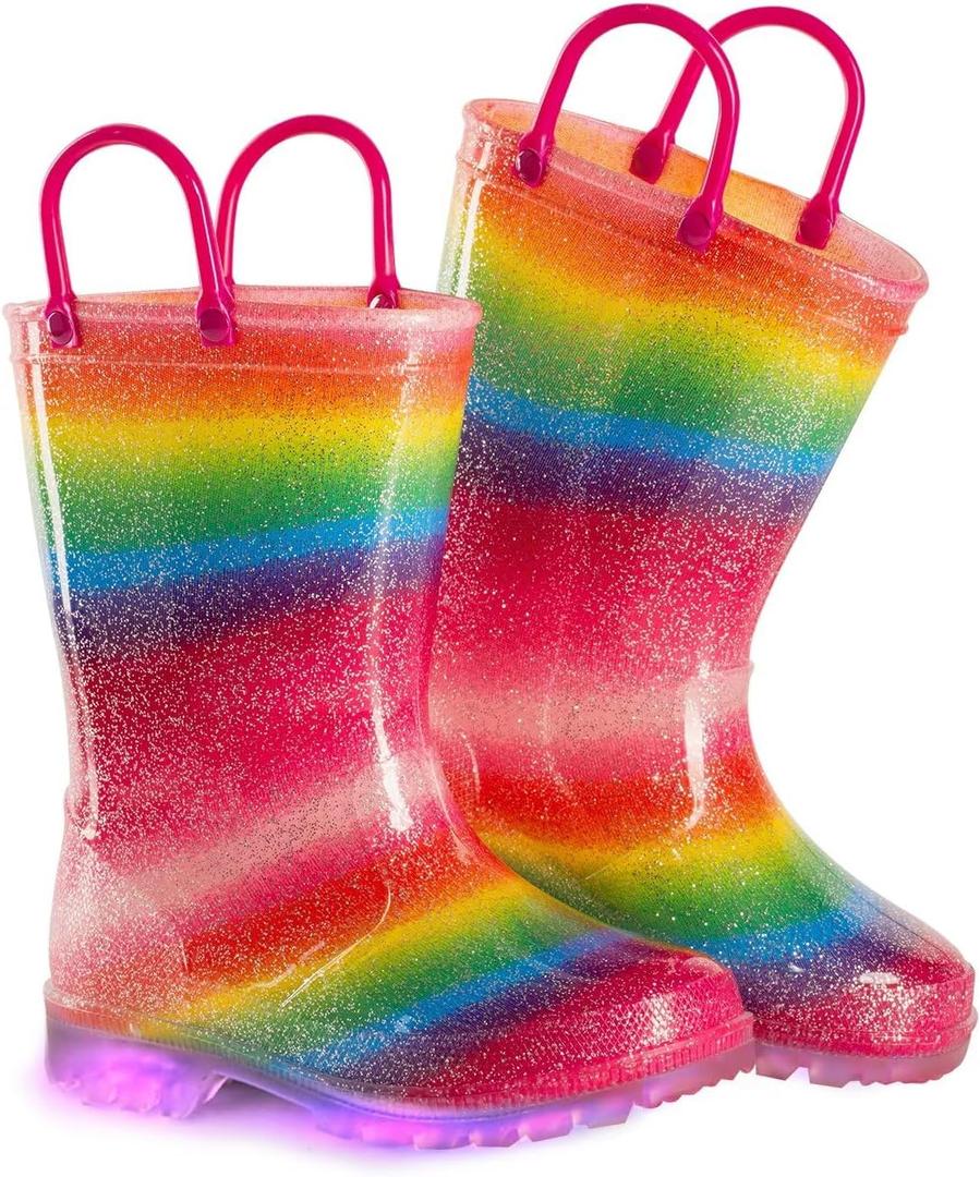 EUXTERPA Girls Glitter Light Up Waterproof Rain Boots Toddler Kids Rainbow Boots with Easy On Handles