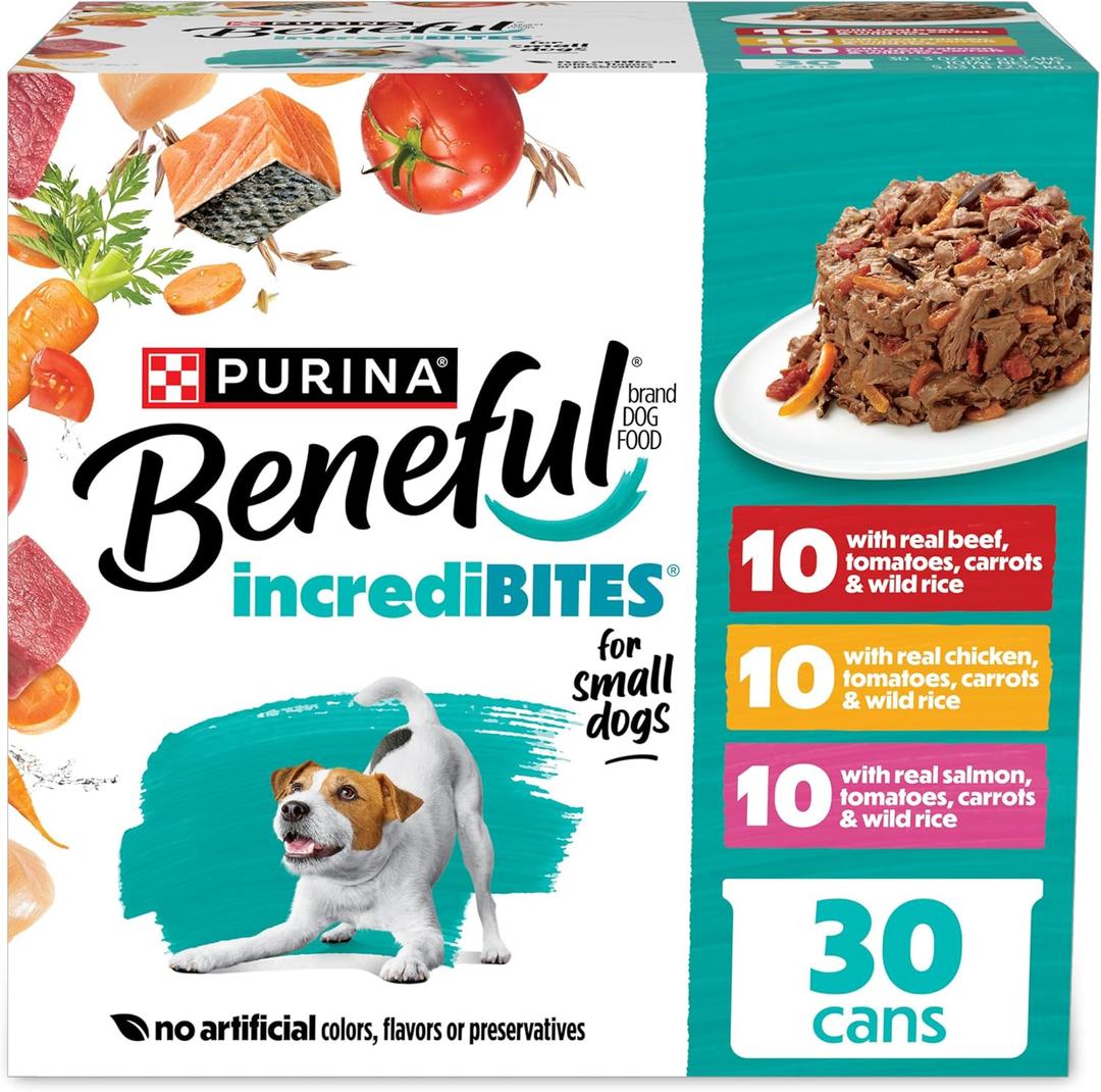 Purina Beneful Small Breed Wet Dog Food Variety Pack, IncrediBites With Real Beef, Chicken and Salmon - (Pack of 30) 3 Oz. Cans (EXP 08/01/27)