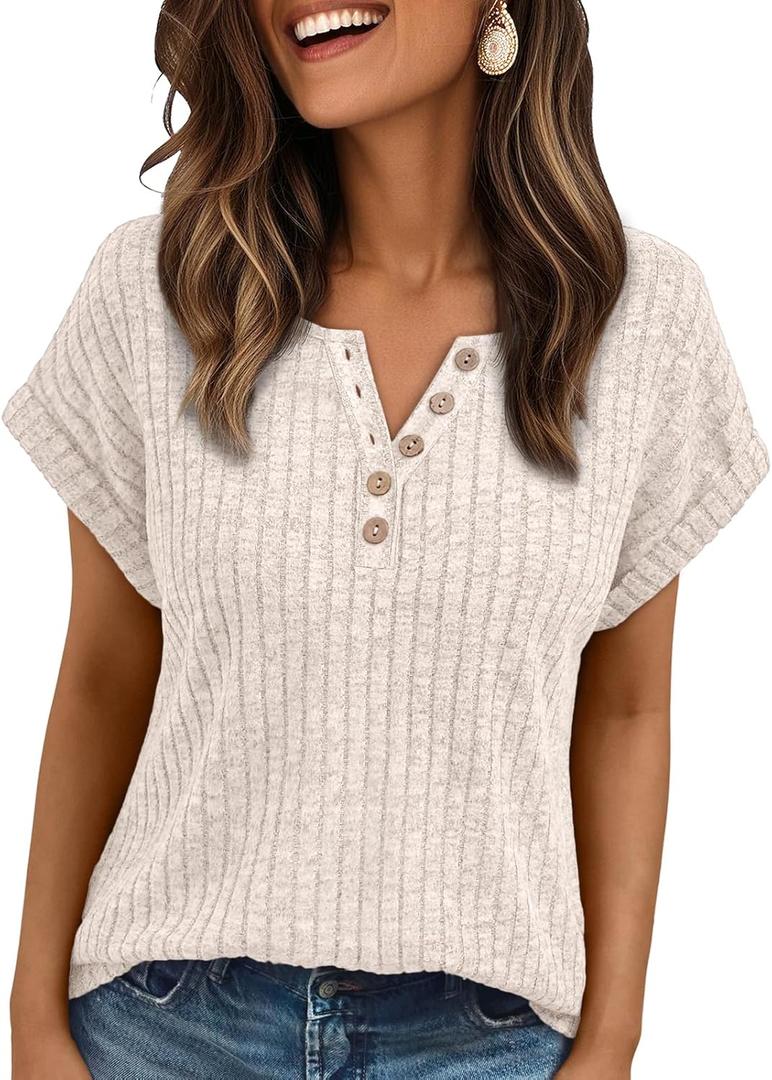 AUTOMET Women Tops Summer Sweaters Short Sleeve V Neck Henley Shirts Dressy Button Blouses (L)