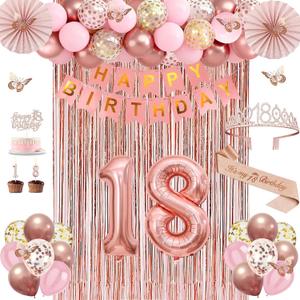 18th Birthday Decorations for Girls, Rose Gold 18 Birthday Decorations for Her, 18 Sash and Crown, Banner, Fringe Curtains, Hanging Paper Fans, 18 Year Old Party Supplies Set
