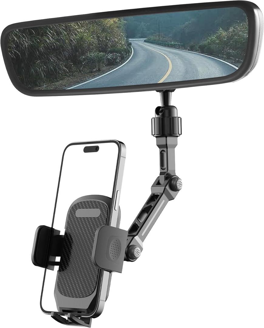 Karmus Rear View Mirror Phone Holder, Universal Compatible with All Cell Phones, Aluminum Alloy Mount with Multi-Angle Adjustment and Secure Fit (Carbon Black)