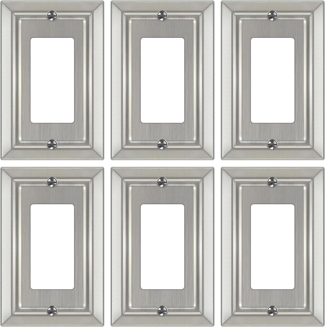 Metal Wall Plate for Electrical Outlets, Decorative Brushed Nickel Switch Plates Outlet Cover, Light Switch Cover Plate, 1-Gang Wall Plates (Single Decoretor, 6 Pack)