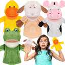 RoundFunny 4 Pcs Hand Puppet Animal with Working Mouth 9.8 Inch Animal Puppet Soft Plush Toy for Storytelling Theater Preschool Birthday Gifts(Cow, Frog, Duck, Sheep)