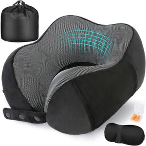Cirorld Neck Pillow for Traveling, Travel Pillows for Airplanes,100% Pure Memory Foam Travel Neck Pillow, Adjustable Flight Pillow, Portable Plane Accessories with Eye Mask, Earplugs, Carry Bag, Standard