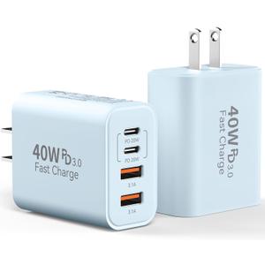 USB C Wall Charger Block, 2Pack 40W 4-Port C Charger Fast Charging Block PD Power Adapter +QC 3.0 USB A Wall Plug Multiport Type C Box Cube for i Phone 15/14/13/12/11 Pro Max, pad, Galaxy, Blue