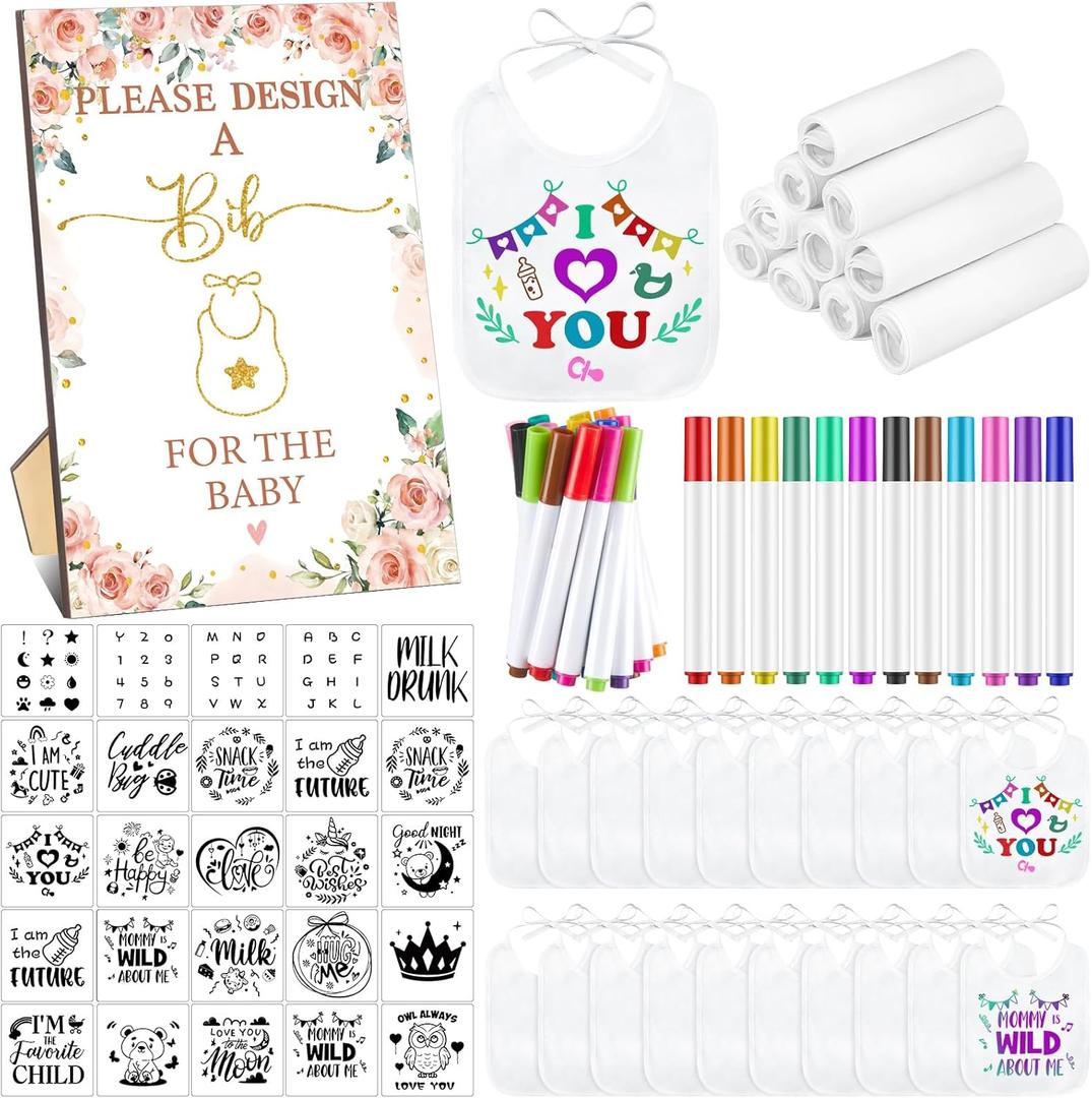 Panitay 100 Pcs DIY Baby Bibs Decorating Kit 50 White Bibs 25 Stencils 24 Fabric Markers 1 Baby Shower Game Sign