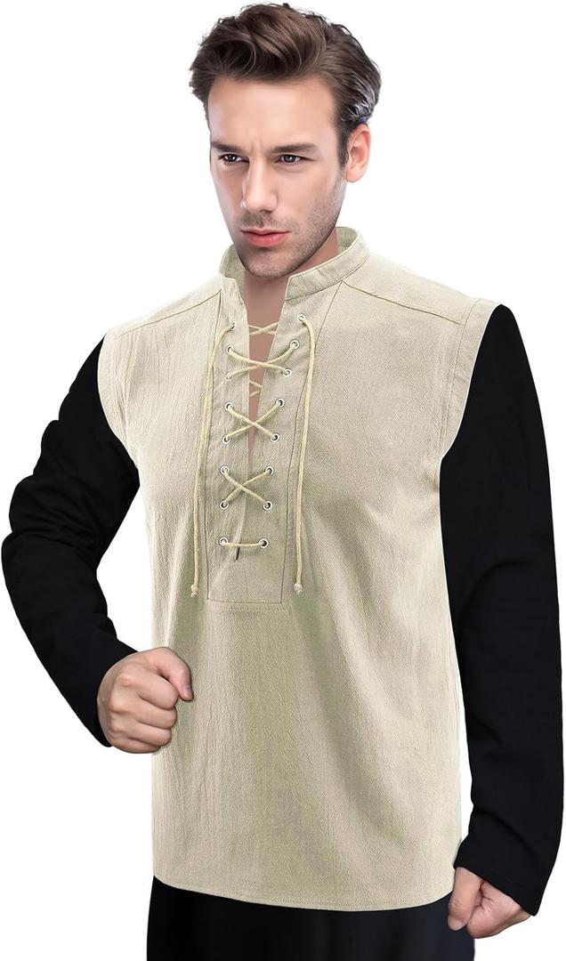 Men's Renaissance Costume, Pirate Shirt, Retro Lace-up Style for Medieval, Viking, Hippie and Halloween Cosplay (Beige, L)