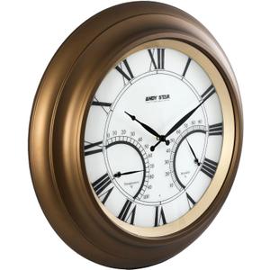 ANDY STAR 24 Inch Outdoor Clocks Waterproof,Large Outdoor Wall Clocks for Patio with Thermometer Combo, Silent Weatherproof Illuminated Metal Clock Battery Operated with Thermometer&Hygrometer, Bronze