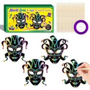 WATINC Mardi Gras Scratch Cards - 60pcs Carnival Prom Art Craft Kit for Kids, Masquerade Party DIY Magic Color Scratch Paper Card, Scratchboard Off Cards for Mardi Gras Party Decoration Supplies