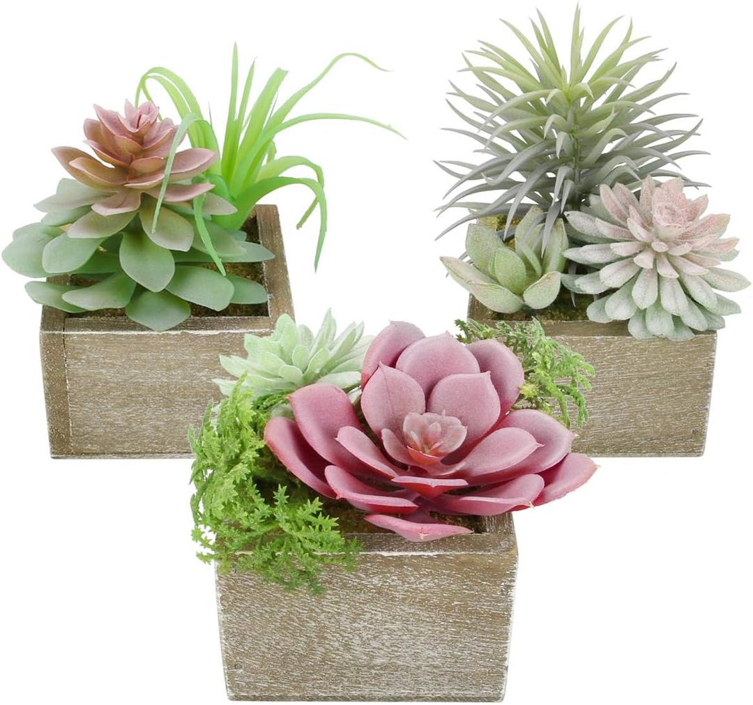 Mingfuxin Succulents Plants Artificial, Mini Assorted Green Fake Plants in Pots, Small Artificial Succulent Plant with Wood Potted for Bathroom Home Office Living Room Table Decor Indoor, Set of 3 (Symphony)