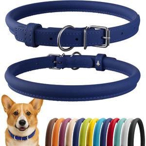 CollarDirect Rolled Leather Dog Collar, Soft Padded Round Puppy Collar, Handmade Genuine Leather Collar Dog Small Large Cat Collars 13 Colors (11-14 Inch, Deep Blue Smooth)