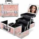 Faquenc Travel Makeup Case with LED Lighted Mirror - 11.6" Portable Makeup Organizer Box, Cosmetic Train Case with Detachable Brush Holder - Fluid Pink