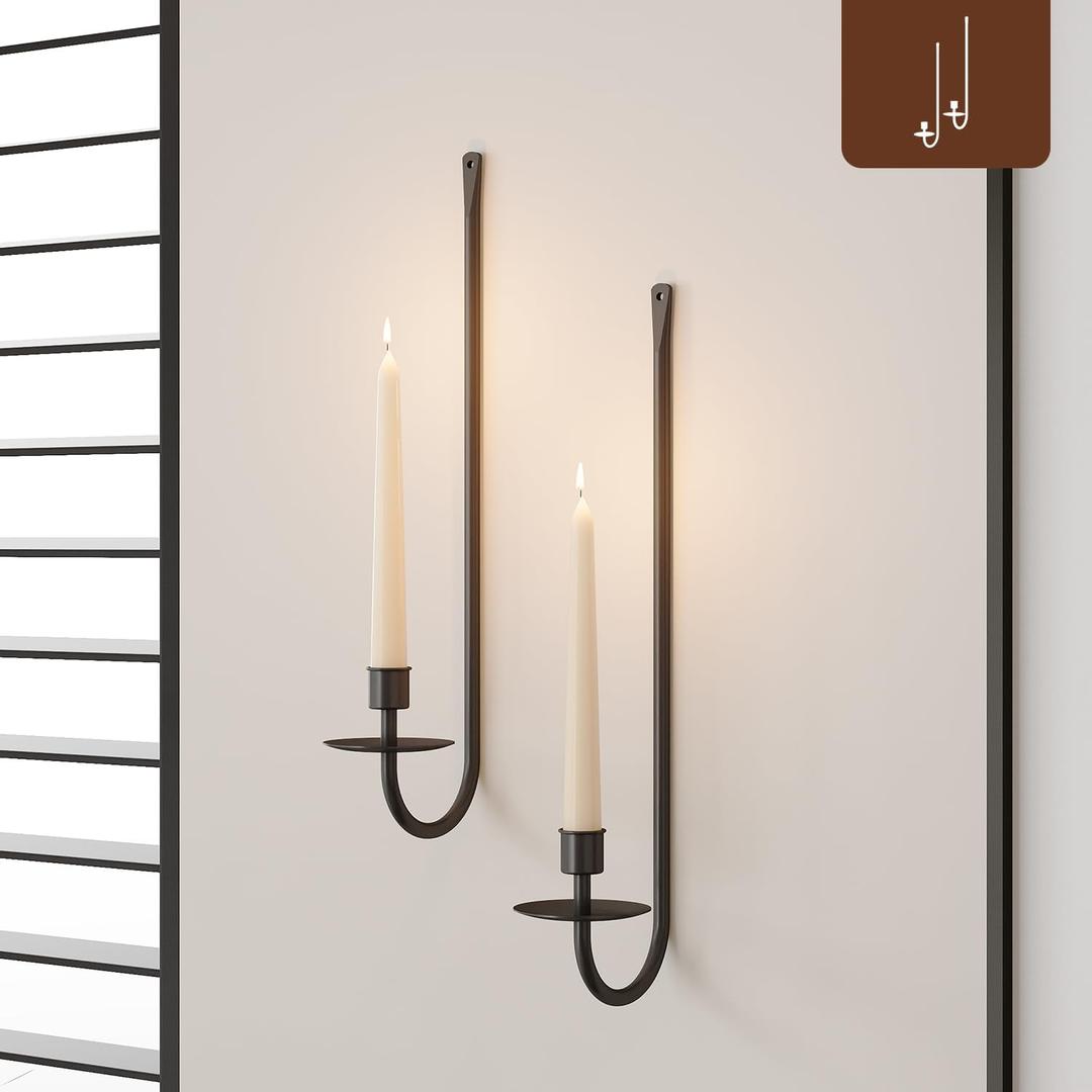 Metal Wall Candle Sconce Holder Set of 2 Wall Mount Candle Holder Pillar Holder Black Modern Wall Candle Sconces Hanging for Living Room Farmhouse Fireplace Wedding, Black