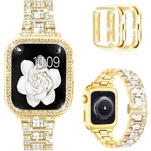 Mosonio Compatible with Apple Watch Band 38mm 40mm 41mm 42mm 44mm 45mm 46mm 49mm with 2 Pack Case Women, Jewelry Replacement Metal Bands Strap with Bling PC Protective Case for iWatch Ultra SE Series 11/10/9/8/7/6/5/4/3/2/1 (Sizes Vary By Mode)