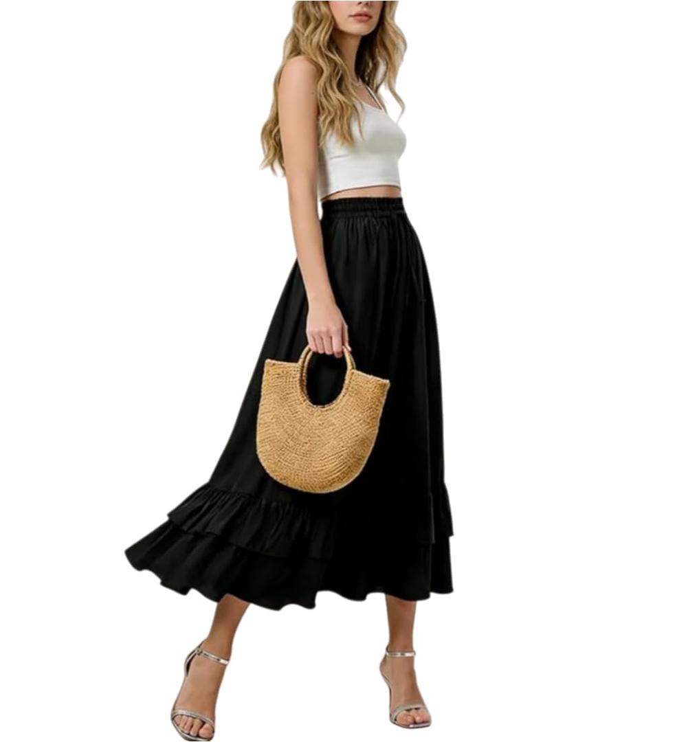 MATSUMIZUYU Women High Waisted Ruffle A Line Long Skirt Vintage Renaissance Pirate Maxi Skirt with Pockets Halloween Costume Black-S