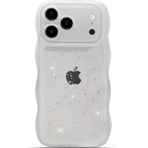 for iPhone 17 Pro Max Case 6.9" Cute Kawaii Curly Wavy Bling Glitter Star Shiny Sparkle Clear Transparent Camera Lens Protection Soft Shockproof Aesthetic Phone Cover for Women (White)